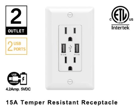 Prise AC murale 120v avec 2 ports USB